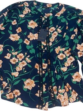 ChenOne Navy Floral Button-Front Blouse with Green Leaves